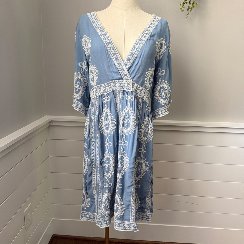 Solitaire Swim Embroidered V-Neck Cover-Up Dress Coastal Resort Boho Blue S